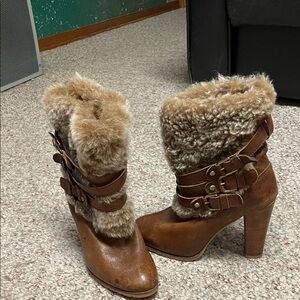 Stuart weitzman Brown sherling triple strap Fur-Lined Women's heeled Boots